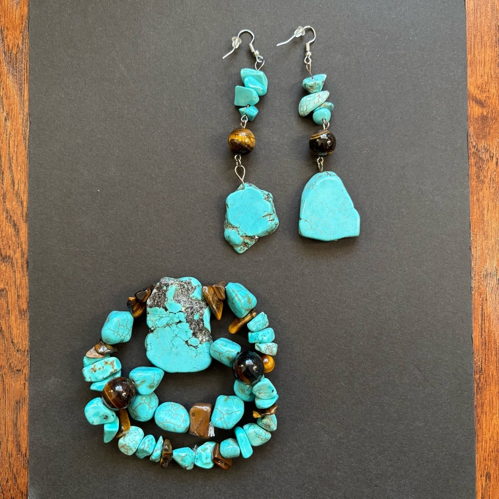 ReMixed Turquoise Tiger’s Eye Bracelet Earring Set | 114g | Chunky